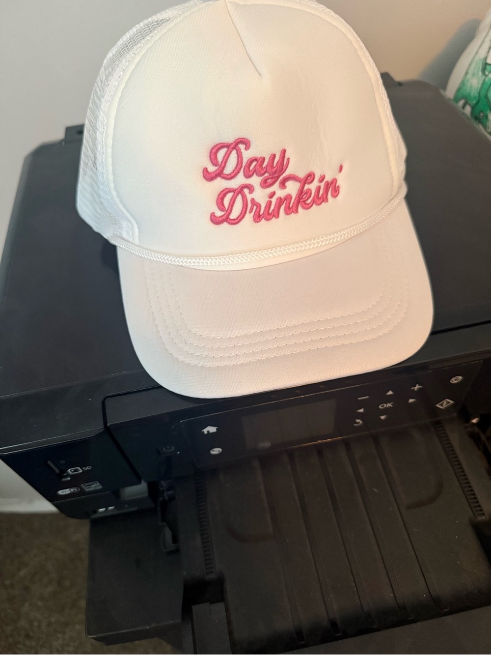 White 'Day Drinkin'' Mesh Trucker Hat with Pink Embroidery